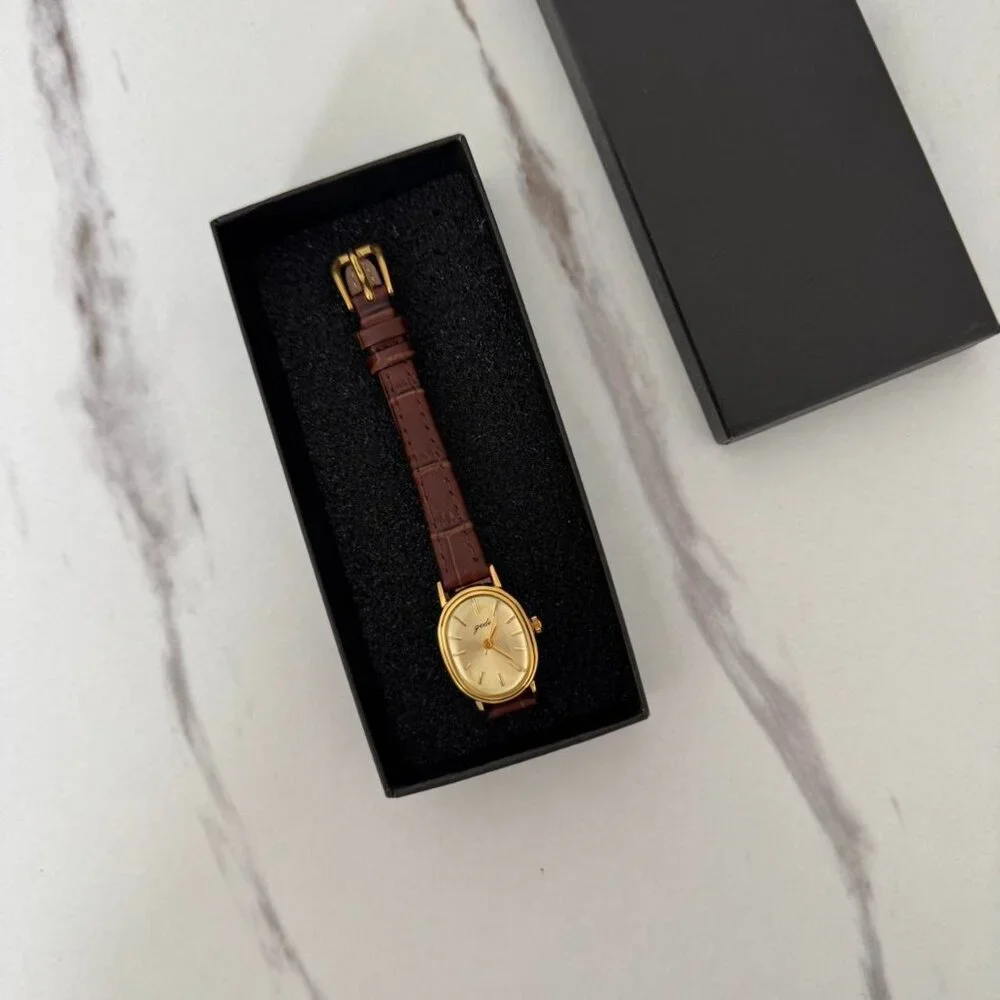 Sku 0441 vintage vibe retro mini watch gold brown leather strap + in‎ a gift bag